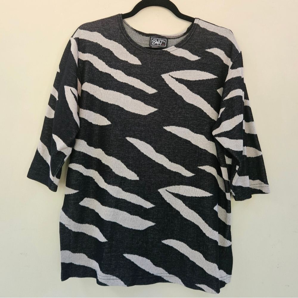 Vintage SWAT Tunic Top Black White Zebra Print 3/4 Length Sleeve Women Sz M